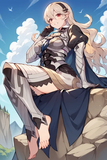 score_9, score_8_up, score_7_up, score_6_up, source_anime, BREAK 1girl, <lora:corrin-pdxl-nvwls-v1-000005:1> defCor, black hairband, armored dress, blue cape, puffy sleeves, juliet sleeves, vambraces, black gloves, armored legwear, barefoot, sitting, from below, cliff, blue sky, smile, looking at you, happy, whole body, big breasts