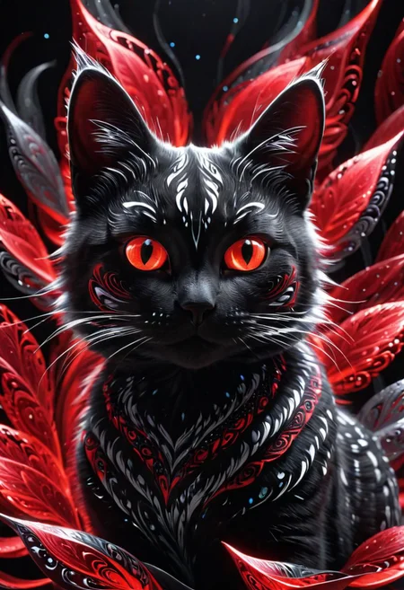 Magical creature, adorable black and white cat, hyper realistic, glowing red tribal patterns on the fur, grey eyes, abstraction, shading, bold, 3D, UHD, multidimensional, deep fractal, etched shapes, dark, close-up, sparkling red and silver particles floating around, 8k award winning, portrait, looking at viewer