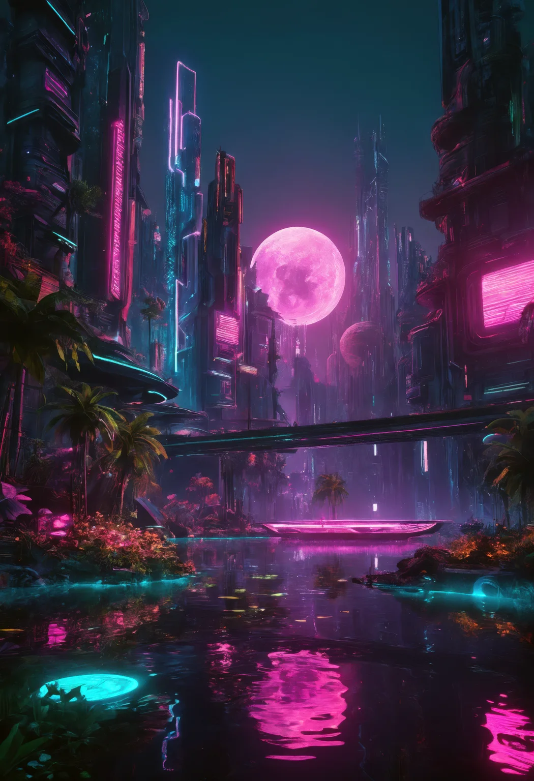 serene oasis, bustling cyberpunk metropolis, neon lights reflecting on water, futuristic flora, soft glow, twilight, hidden sanctuary, vibrant colors, technological wonder, calm ambiance, dynamic contrast, engaging narrative, high-quality details, captivating atmosphere, immersive scene, blend of nature and technology, evocative mood, cinematic composition
