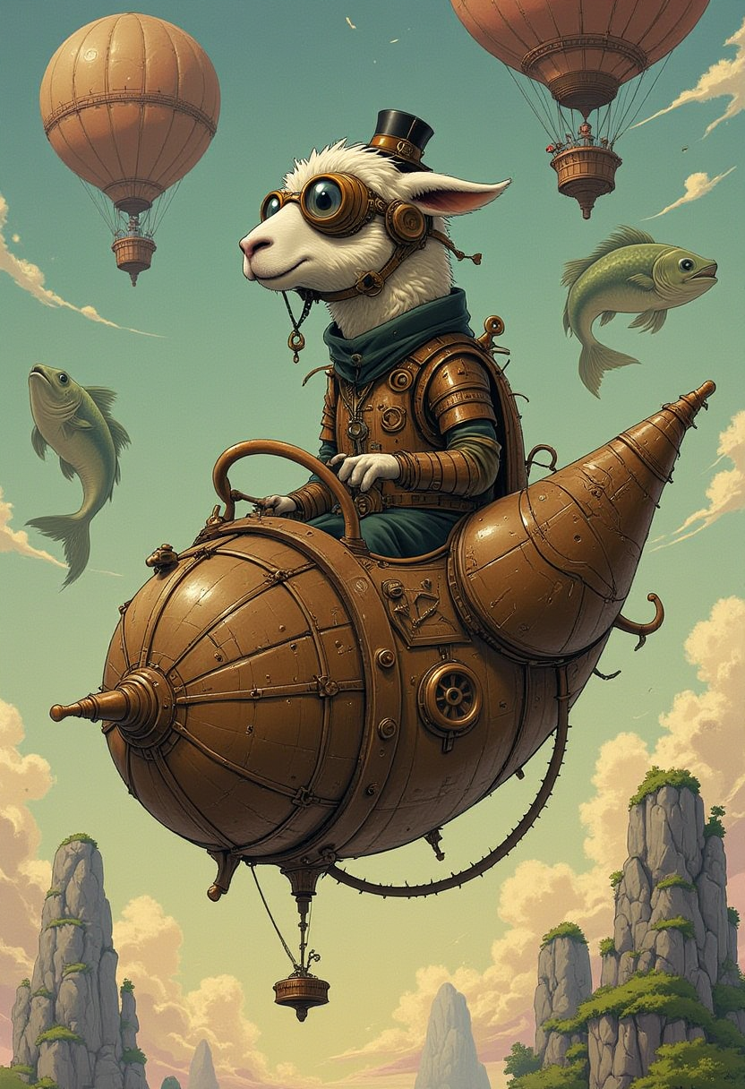 CreeepyCuteMagic, Alpaca,   A steampunk Alpaca piloting a floating airship, complete with brass goggles, intricate gear-covered armor, and a tiny top hat. The sky behind it is filled with floating islands, massive hot air balloons, and enormous fish swimming through the air. Inspired by Jules Verne-style adventure book illustrations.