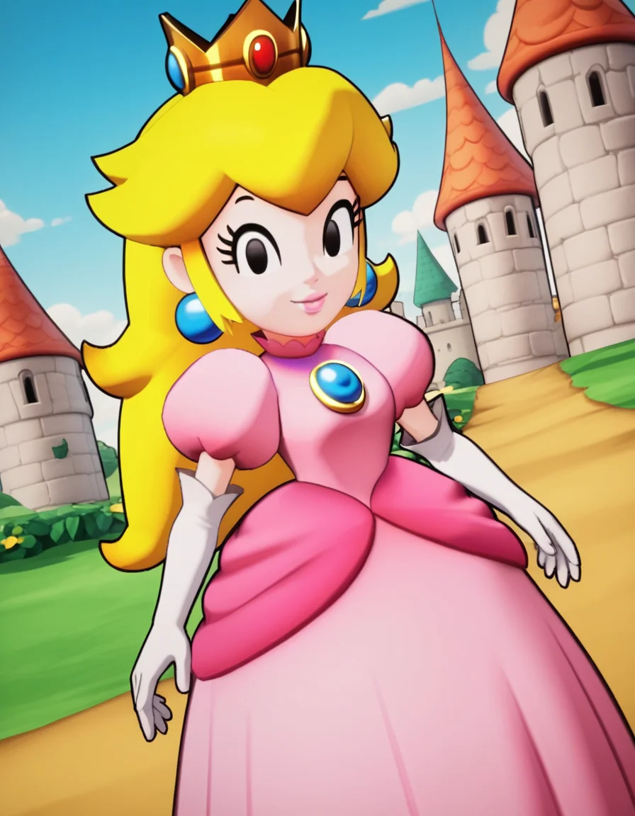 score_9, score_8_up, score_7_up, source_anime, <lora:princess-peach-brothership-ponyxl-lora-nochekaiser:1>, princess peach, blonde hair, black eyes, long hair,, crown, dress, gem, gloves, pink dress, puffy short sleeves, puffy sleeves, short sleeves, white gloves,, castle, stone, towers, medieval, royalty, smile, smug, hand on own hip,, looking at viewer, solo,, dutch angle, cowboy shot