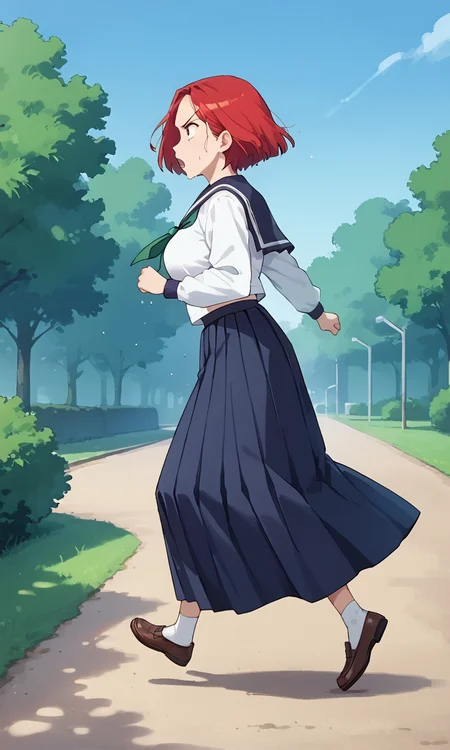 (1girl:1.5), (solo:1.3), (score_9, score_8_up, score_7_up, score_6_up, score_5_up, score_4_up), (source_anime), rating_questionable, (full body:1.3), outdoors, park, tree, bush, blue sky, 
 <lora:black-lizard_v1:0.8> (black-lizard), (angry, furrowed brow, black eyes, red hair, short hair, parted bangs), (school uniform, serafuku, white shirt, long sleeves, blue sailor collar, blue long skirt, green neckerchief), (large breasts),
(running, sweat, open mouth:1.2),  (from side, looking away:1.3)