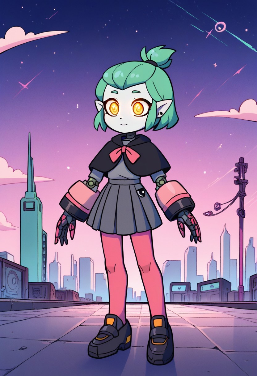 score_9, score_8_up, score_7_up, break, 
robot girl, 
amity blight, pointy ears, yellow eyes,
green hair, medium hair, half updo,
school uniform, black capelet, grey shirt, grey skirt, pink sleeves, pink leggings, 
source_cartoon,  official, mechanical limbs, robot joints, metal skin, robot girl, mecha, glowing eyes, 
cute doodle, cute comic, 
 robotic hands, mechanical shoulders, 
large hand sleeves, pleated skirt, 
city ​​background, at night,
full body,