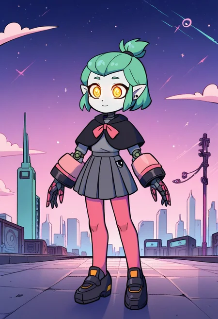 score_9, score_8_up, score_7_up, break, 
robot girl, 
amity blight, pointy ears, yellow eyes,
green hair, medium hair, half updo,
school uniform, black capelet, grey shirt, grey skirt, pink sleeves, pink leggings, 
source_cartoon,  official, mechanical limbs, robot joints, metal skin, robot girl, mecha, glowing eyes, 
cute doodle, cute comic, 
 robotic hands, mechanical shoulders, 
large hand sleeves, pleated skirt, 
city ​​background, at night,
full body,