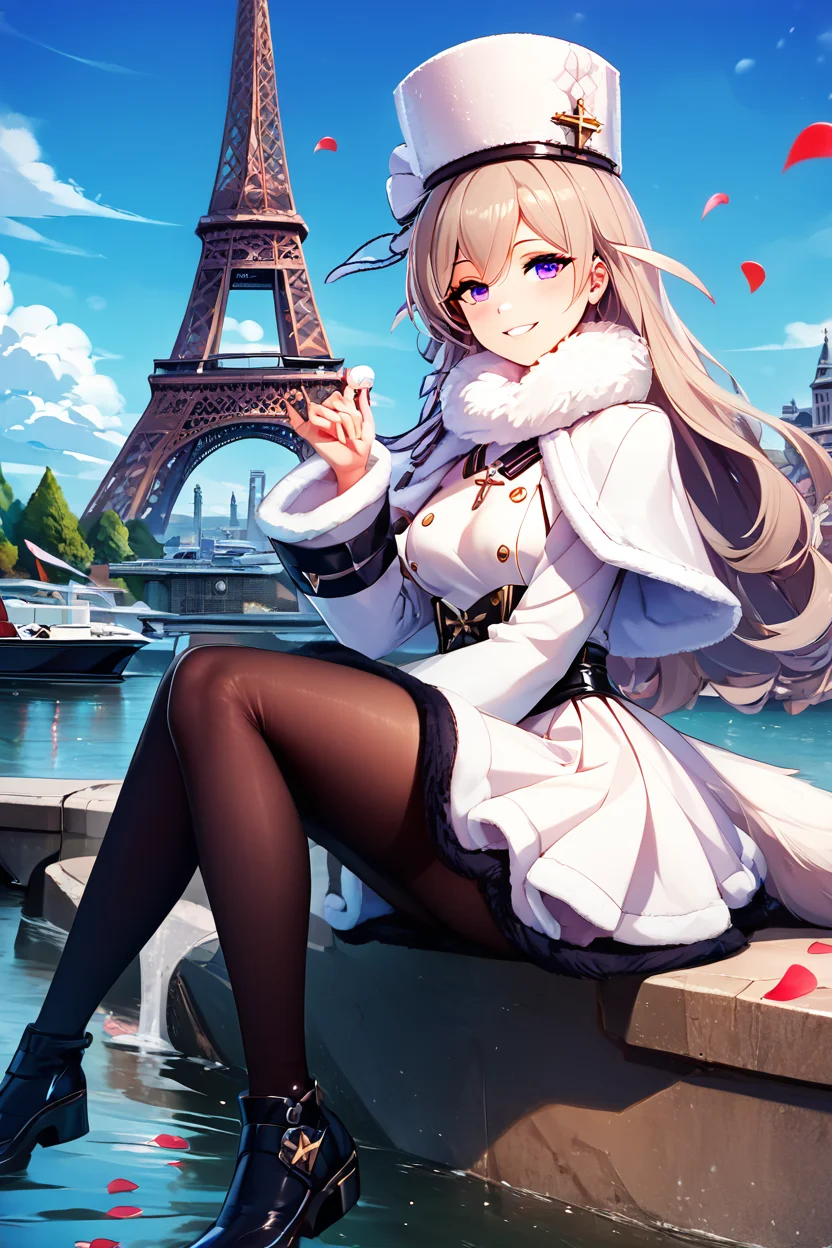 score_9, score_8_up, score_8, medium breasts, (curvy), cute, eyelashes, ,,, , ,,, zzMurmansk, long hair, purple eyes, heterochromia, blue eyes, bangs, grey hair, hat, white headwear, cross necklace, fur-trimmed dress, white dress, papakha, black pantyhose, long sleeves, black belt, white coat, capelet, winter coat, <lora:Murmansk_Azurlane_PDXL:1.0>, ,,,, BREAK, zzEiffelTower in background, sitting, watercraft, boat, sitting on wall, side view, looking at viewer, smile, ,,, BREAK, blooming stars, luminescent petals, otherworldly fragrance blurry background, ,,, embedding:zPDXL, Expressiveh, ,,, <lora:EiffelTowerPDXL:1.0>, <lora:CatalystStylePDXL:0.6>, <lora:SDXLFaeTastic2400:0.5>, <lora:Expressive_H-000001:0.4>,
