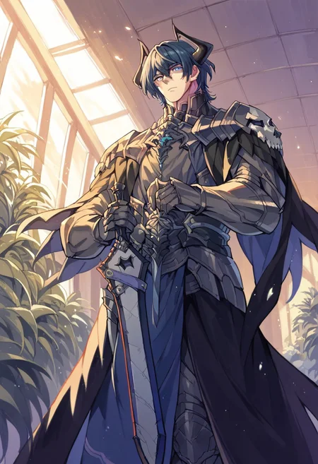 score_9, score_8_up, score_7_up, score_6_up, source_anime, 1boy, male focus <lora:mbyleth-pdxl-nvwls-v1-000005:1> defmByl, dark blue hair, short hair, blue eyes, hair between eyes, 1boy, armor, full armor, knight, skull, mask, horns, pauldrons, holding sword, from below, glowing eyes, holding sword, looking at viewer, indoors, spacecraft interior, plant <lora:First_Hassan:1>, score_9, score_8_up, score_7_up, score_6_up, score_5_up, score_4_up, BREAK source_anime, masterpiece,
