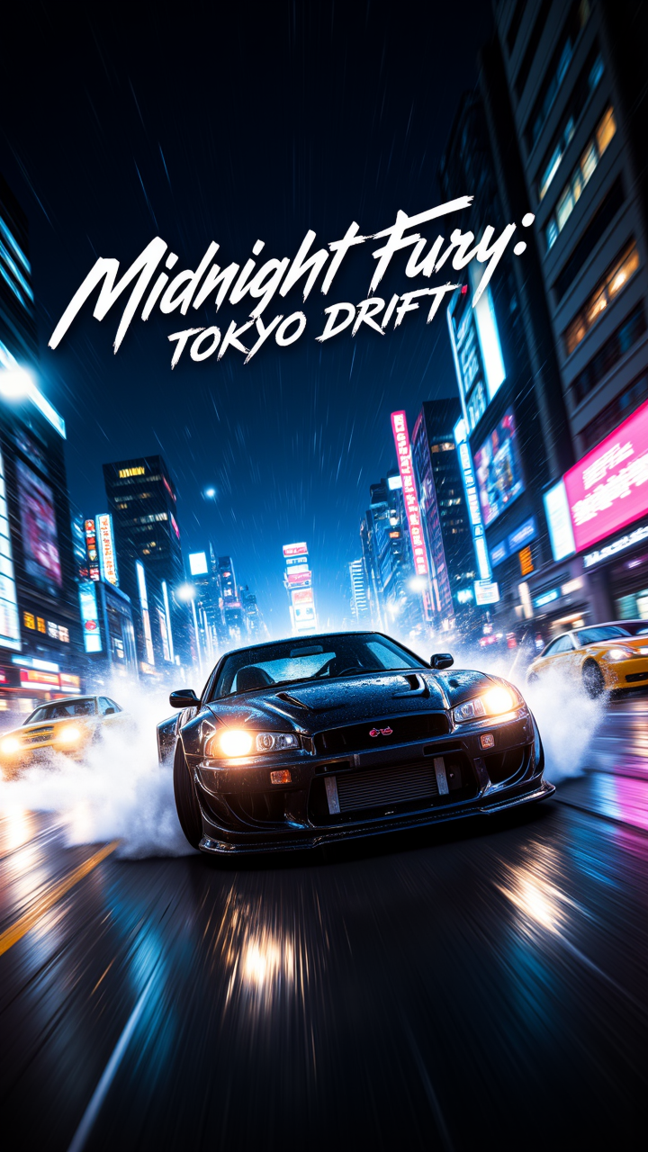 "A neon-lit city street at night, with a high-performance car racing through the rain-soaked roads, leaving a trail of smoke and sparks. The atmosphere is electric, with skyscrapers glowing in the background and headlights cutting through the mist. The title text 'Midnight Fury: Tokyo Drift' is centered above the action, with a sleek font adding to the adrenaline-fueled energy."    , aidmaMJ6.1, aidmaHyperrealism, aidmaimageupgrader