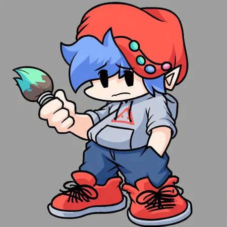<lora:SoftBoyfriendv1.0:0.8> (zPDXL2), score_9, score_8_up, score_7_up, source_cartoon, softbf_fnfsoft, 1boy, solo, human, tan skin, red beanie, polka dots, short hair, blue hair, pointy ears, periwinkle hoodie, (caution symbol:0.6), drawstrings, short sleeves, holding paintbrush, 4 fingers, hand in pocket, blue jeans, red sneakers, (black shoelaces:0.6) BREAK full body, chibi, raised inner eyebrows, solid oval eyes, closed mouth, BREAK cel shaded