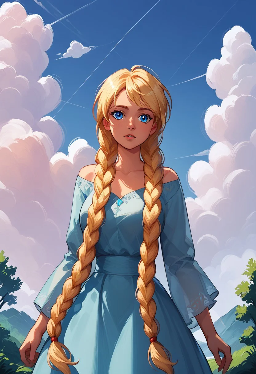 score_9, score_8_up, score_7_up, summer, purple sky, clouds, outside, outdoors, warm light, amazing background,
slavya, blonde hair, very long hair, long hair, twin braids, blue eyes