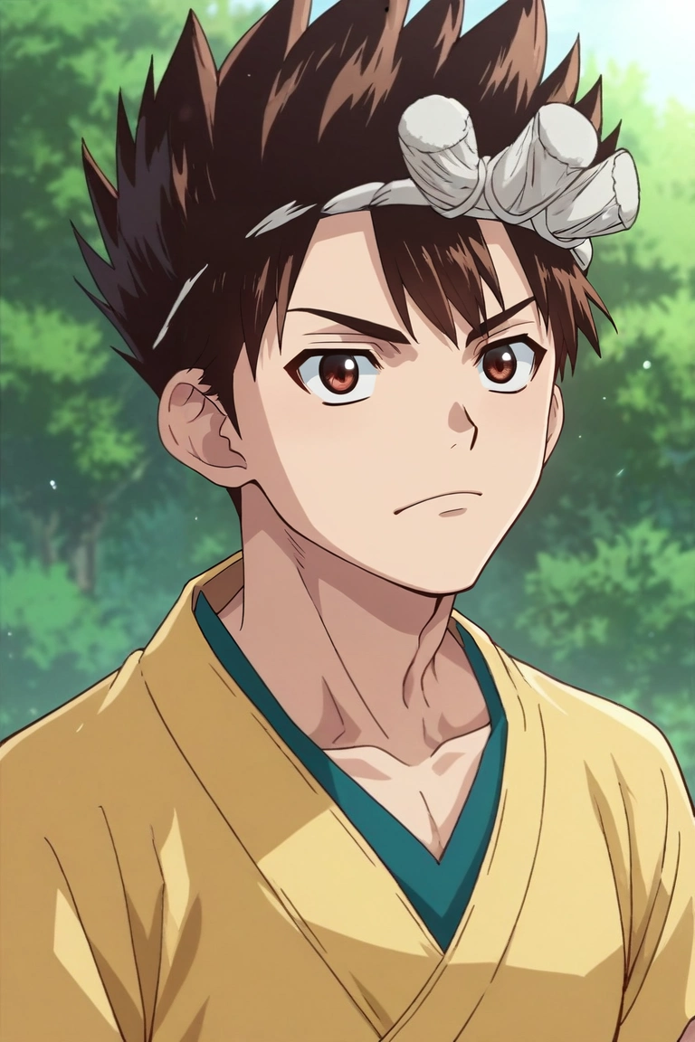 score_9, score_8_up, score_7_up, source_anime, rating_safe, , semi-realistic, , depth of field, 1boy, solo, male focus, <lora:chrome_dr_stone_pony:0.86>, chrome_dr_stone, brown hair, brown eyes, short hair, spiked hair, hachimaki, , shirt,, <lora:sdxl_lightning_8step_lora:1>