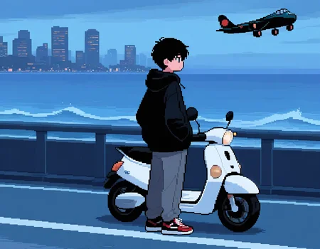 douyingv1 anime pixel Art,1boy,standing beside a white scooter at night,wearing a black hoodie,gray pants,and red-black sneakers. The sky is dark blue with an airplane flying above. The background shows a city skyline and sea,with a guardrail beside the road. The scene has a cool tone and a calm,quiet atmosphere.,
masterpiece,amazing quality,best quality,