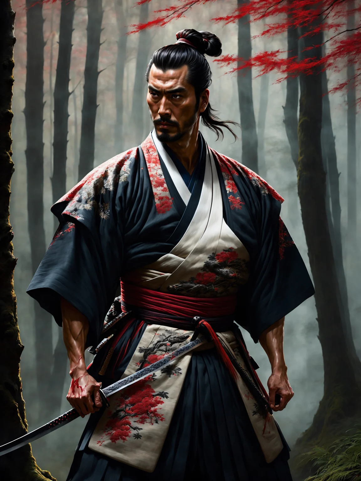 1man, samurai wearing intricately embroidered kimono, upper body, hardened veins, manbun, sword, bloody cloth, blood on face, somber expression, detailed cloth folds, detailed face and hair, dark forest scene, nature, side view, photoreal painting <lora:stylesqueeze_v3_xl:1>