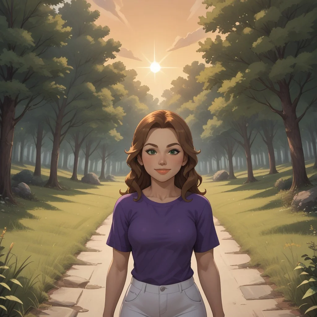 score_9, score_8, BREAK, solo, wii, mii, wii sports, 1girl, female mii, brown hair, green eyes, brown eyebrows, blush, lips, purple clothing, white pants, barefoot, breasts, nintendo mii, modern_mii, classic_mii, Jane_(Wii_Fit), sexy pose, self portrait, smile, outdoors, sunlight, shadows, evening lighting, natural lighting, forest, trees, grass, orange sky, sunset