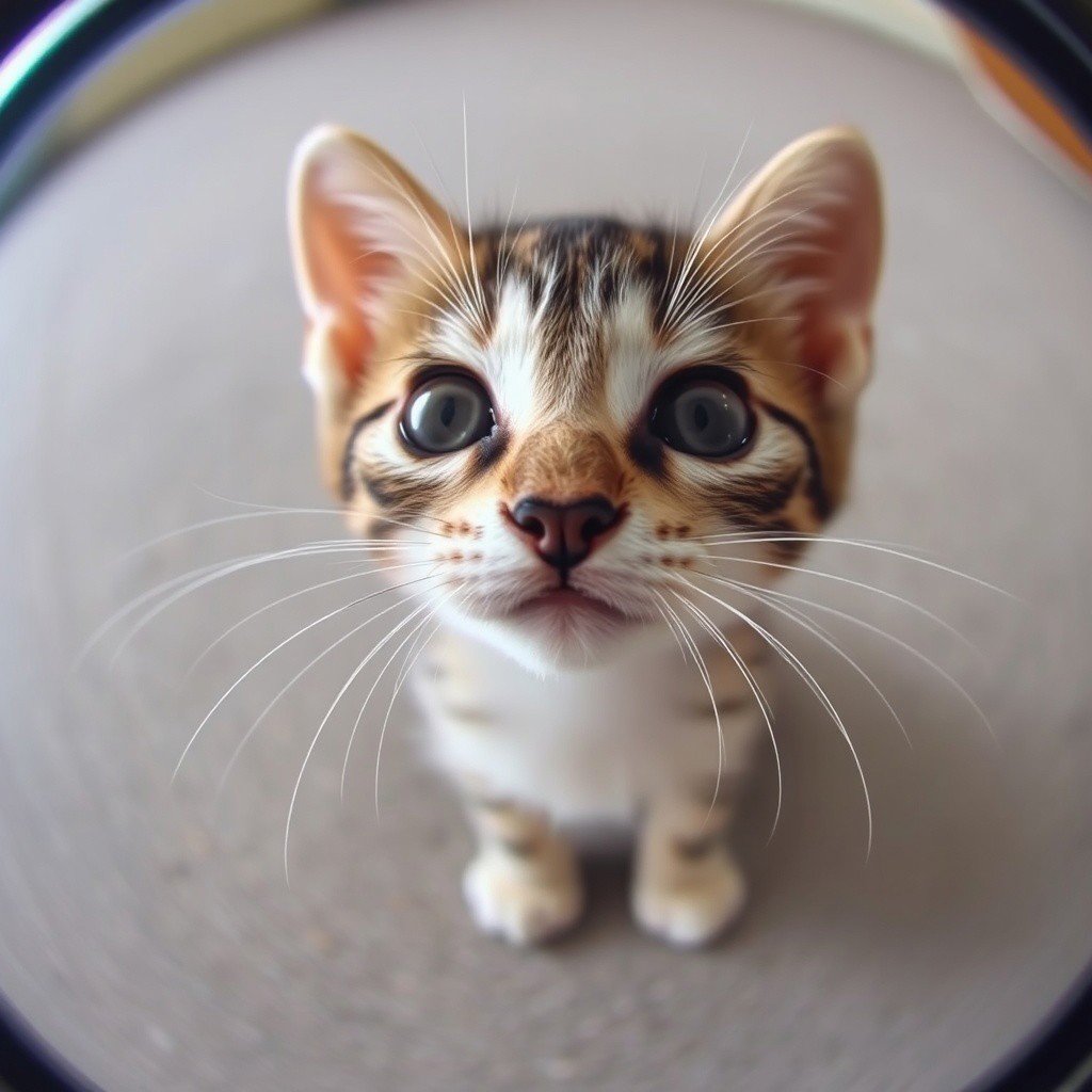 a cute kitten looking at the fisheye lens fx,fele