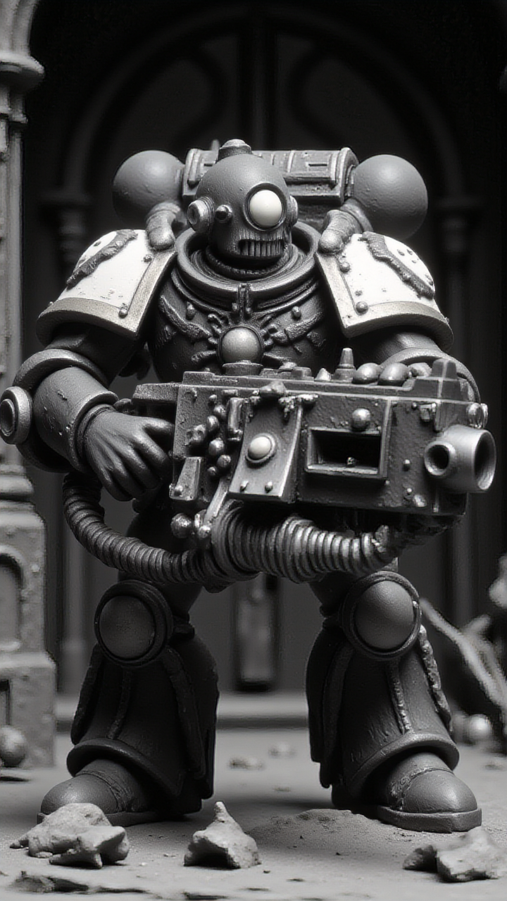 mm-style, monochrome, claymation animation of grimace from mcdonalds, wearing space marine armor without a helmet, weilding a heavy boltgun