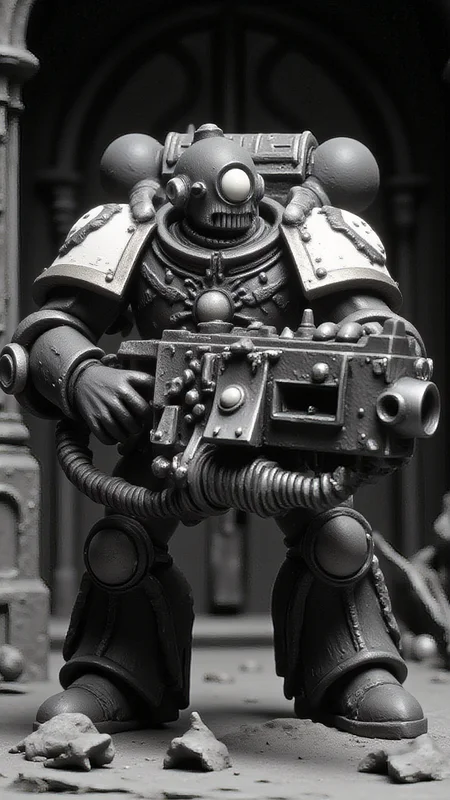 mm-style, monochrome, claymation animation of grimace from mcdonalds, wearing space marine armor without a helmet, weilding a heavy boltgun