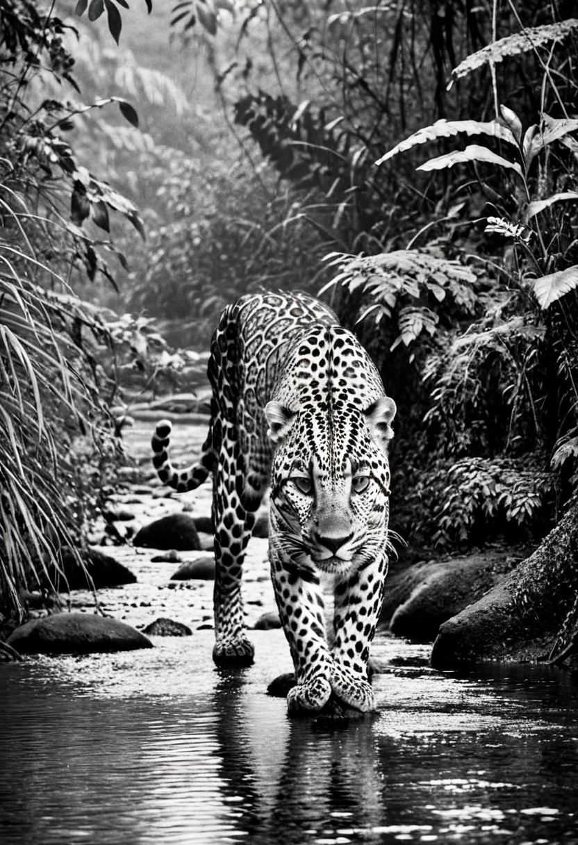 a (black and white:1.5) photo of a leopard, in the jungle, drinking at the at the edge of a river, at dusk, dense jungle forest, dramatic lights, shallow depth of field, blurred background, extreme details, intricate details, 8k, 35mm photo, photorealism, realistic photo, national geographic style, masterpiece, film photography style