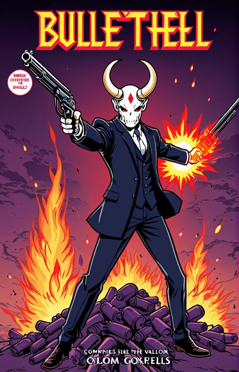 a stylized comic book cover of a horned man firing a gun, text " bullet hell", outline, best quality, masterpiece, <lora:cbcmkrsdxl:1>, cbcmkrsdxl, comics logo, dark , gloomy, bullet shells, action, business suit,