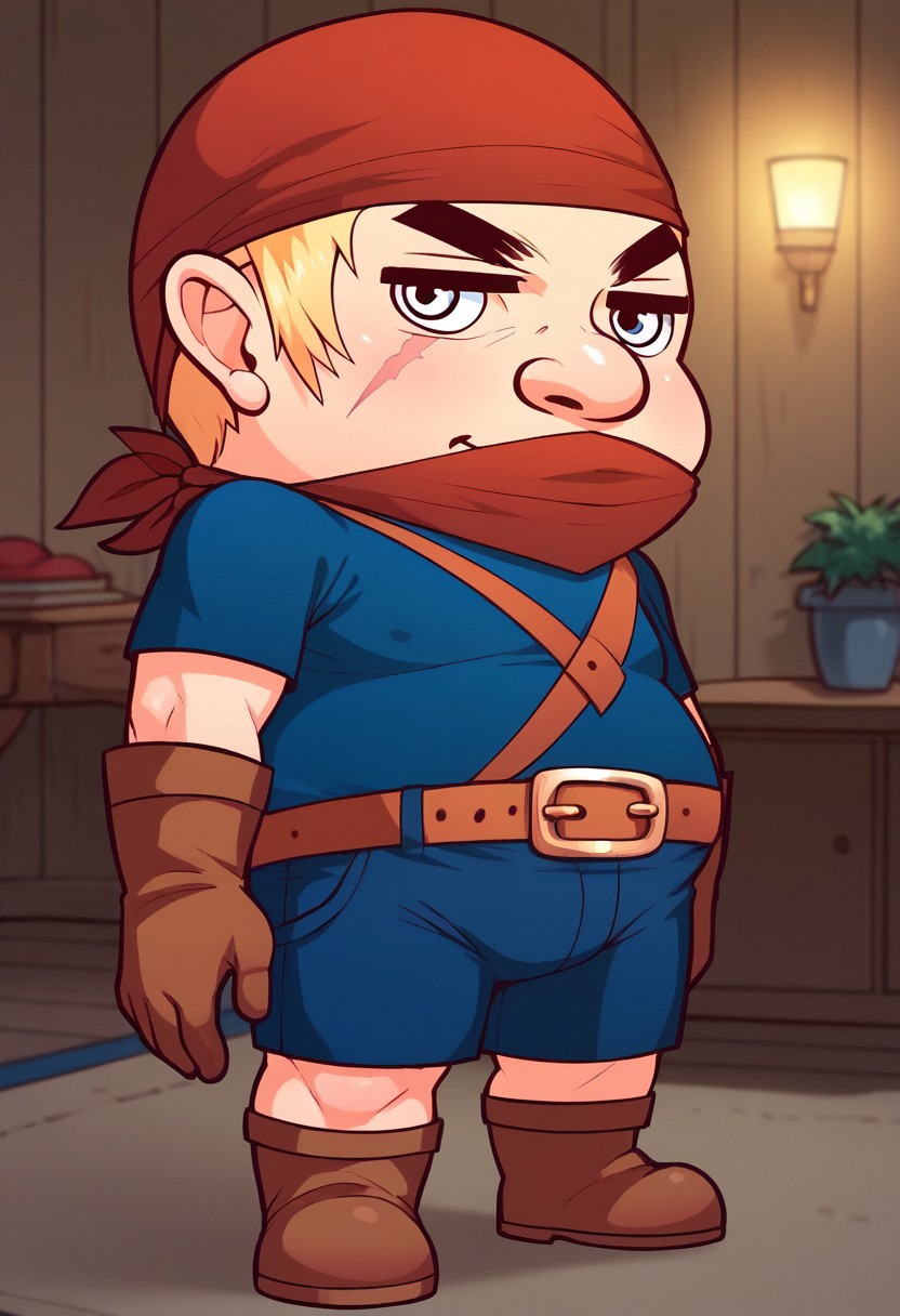 score_9,score_8_up,score_7_up,score_6_up,blurry, blurry background,1boy,tgnome,solo,chibi,blonde hair,short hair,gloves,thick eyebrows,bandana,boots,shirt,shorts,blue shirt,belt, outdoors,scar,brown footwear,blue shorts,posing,volumetric light,indoors,living room,cowboy shot, dutch angle