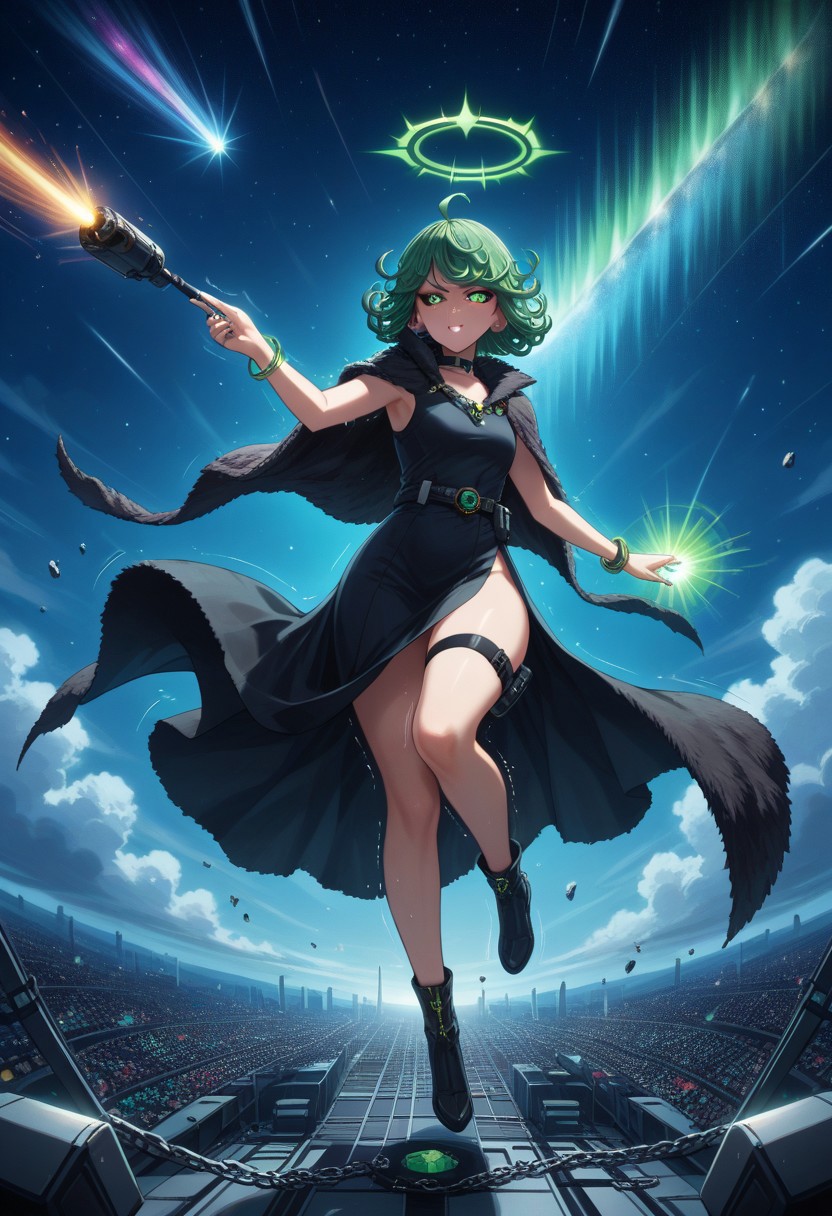score_9,score_8_up,score_7_up,score_6_up,score_5_up,1girl, glitch,flickering,digital,glitch style,symmetrical,(black dress), jewels,gems,curvy,source_anime,tatsumaki,one-punch_man, green_hair,green_eyes,short hair,curly hair,(ahoge),(symbol-shaped_pupils),(star-shaped_pupils),+++,(chains),bracelets, technology,(soul_gem),(black_nails),fur-trim cape,nebula on sky,starry sky,night,gem_\(symbol\),sci-fi,comet,green aura, glowing aura,dark_halo,double_halo,mosaic_pattern,aurora, (stage lights),stadium above background,stadium_lights,can, soda can,cable,(floating_hair),floating_clothes,(floating_rock), crown,debris,(dust cloud),flying,(destroyed machine),clouds, security_camera,(long skirt),thigh straps,print glitched_rune, (green diamonds),choker with jewels,(storm),(holding green orbs),floating_weapon,gun case,bullet belt,(orbs:1.6),(metal bat),(jewelry:1.4),(tattoos;1,4),armored shoulders,skyscrapers,(wide hips),(thick thighs),(thick legs),perfect hands,palm,hand signs,rings with gems,(motion lines:1.4),(sweat),??,(trembling lines:1.4),(flying sweatdrops:1.4),(dark sclera:1.4),(illustration),(thick outline),(glowing eyes),destroyed robots,cyborg,angry, masterpiece,best quality,newest,source_cartoon,(best shadow),
highly detailed background,detailed skin,very detailed clothes, <lora:add-detail-xl:1.5>
