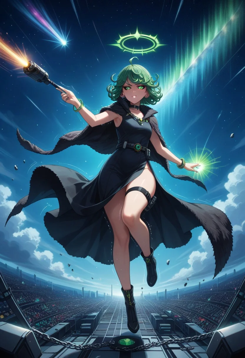 score_9,score_8_up,score_7_up,score_6_up,score_5_up,1girl, glitch,flickering,digital,glitch style,symmetrical,(black dress), jewels,gems,curvy,source_anime,tatsumaki,one-punch_man, green_hair,green_eyes,short hair,curly hair,(ahoge),(symbol-shaped_pupils),(star-shaped_pupils),+++,(chains),bracelets, technology,(soul_gem),(black_nails),fur-trim cape,nebula on sky,starry sky,night,gem_\(symbol\),sci-fi,comet,green aura, glowing aura,dark_halo,double_halo,mosaic_pattern,aurora, (stage lights),stadium above background,stadium_lights,can, soda can,cable,(floating_hair),floating_clothes,(floating_rock), crown,debris,(dust cloud),flying,(destroyed machine),clouds, security_camera,(long skirt),thigh straps,print glitched_rune, (green diamonds),choker with jewels,(storm),(holding green orbs),floating_weapon,gun case,bullet belt,(orbs:1.6),(metal bat),(jewelry:1.4),(tattoos;1,4),armored shoulders,skyscrapers,(wide hips),(thick thighs),(thick legs),perfect hands,palm,hand signs,rings with gems,(motion lines:1.4),(sweat),??,(trembling lines:1.4),(flying sweatdrops:1.4),(dark sclera:1.4),(illustration),(thick outline),(glowing eyes),destroyed robots,cyborg,angry, masterpiece,best quality,newest,source_cartoon,(best shadow),
highly detailed background,detailed skin,very detailed clothes, <lora:add-detail-xl:1.5>