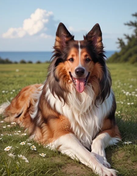 score_9, score_8_up, score_7_up, score_6_up, score_5_up, score_4_up, hud_c0llie_can1ne, no humans, dog, tongue out, <lora:collie:0.8>, outdoors, full body, on stomach, lying