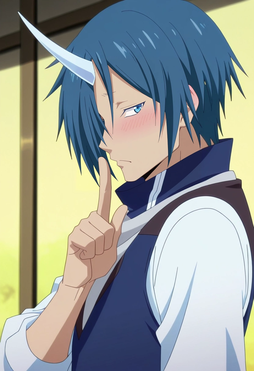 masterpiece, best quality, , anime screencap, anime coloring, official style, looking at viewer, 1boy, solo, male focus, <lora:souei_tensura_ilxl:1>, souei_tensura, blue hair, blue eyes, hair over one eye, single horn, , profile, machu picchu, day, index finger raised, shy, blush, waistcoat,