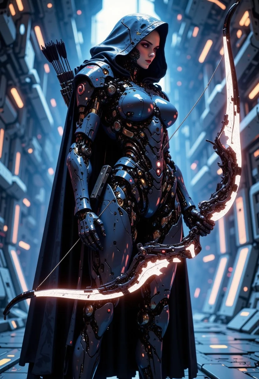 high-quality, masterpiece, in the style of cksc, A futurisitc hooded female robot archer, (holding a bow made of spectral light in her left hand:1.3), beautiful human face features, The cyborg is wearing full armor that perfect details, big mecha wings on its back. Her arrows are stored on the back back, he stands in a futuristic space station, high contrast, light trails, motion blur, eerie lighting, elaborate fine details, elaborately detailed attire with extraordinary elements, hyperdetailed, intricate details, Refined details, best quality, high resolution,