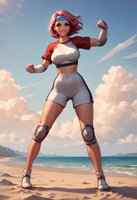 (score_9, score_8_up, score_7_up, source_windjammers 2, source_anime ,imagined a girl in extreme sport outfit playing to a flying disc game in a beach arena game sport, masterpiece, ultra-detailed, 80's anime (style), 2D, megapixel, perfectionism, full HD , 4K,animated painting, (smile:1.6), (standing:1.3), (contrapposto;1.3), (fighting pose:1.7), (good finger:1.2), (five fingers:1.2), (perfect anatomy:1.5), (Beautiful girl:1.4), ((ultra detailedtanned)), ((extremely detailed CG)), skin, authentic skin texture, gradient eyes, ((beautiful detailed eyes)), faint lips, ((Premier Quality)), (Ultra High Definition), ((perfect anatomy)), (solo), BREAK, (windjammers), windjammers sport game, windjammers 2 (((((solo mature anime woman,)))))++++++++++++++++++, looking at viewer, full body, brown hair and pink hair, short hair, weird hair, smile, lips, eyelashes, medium breasts, gym uniform, uniform, gym shorts, headband, sports bra, elbow pad, knee pad, extreme sports outfit 80's theme, beach background, playing flying disc game on a beach court game, sea, sun in the sky, sports wear, jsrgum, white gloves, break,
score_6_up, score_7_up, score_8_up, score_9, best quality, high quality, score_7_up, score_8_up, score_9_up,