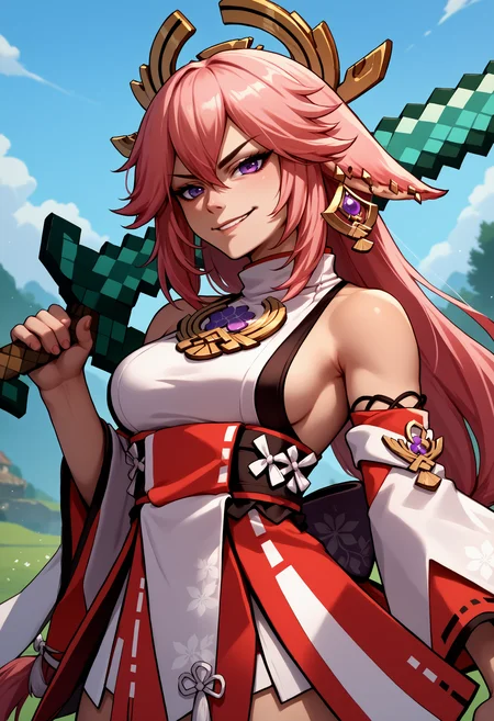 score_9, score_8_up, score_7_up, source_anime, 1girl, diamond sword, holding weapon, holding sword, <lora:DiamondSword_XLPD:0.8>, yae miko, <lora:concept_overshoulder_ponyXL:1>, weapon over shoulder, smirk,