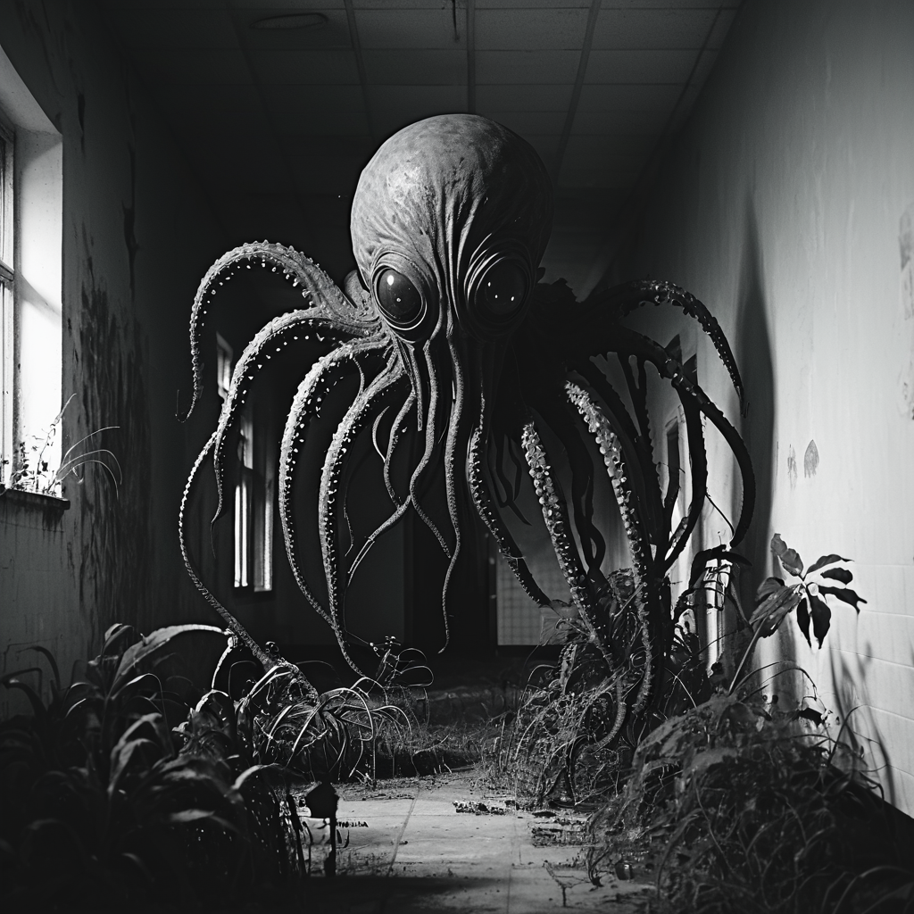 horrorcctvlora, abandoned school, horror (theme), monster, tentacles, monochrome, hiding behind plant