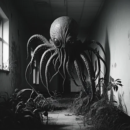 horrorcctvlora, abandoned school, horror (theme), monster, tentacles, monochrome, hiding behind plant
