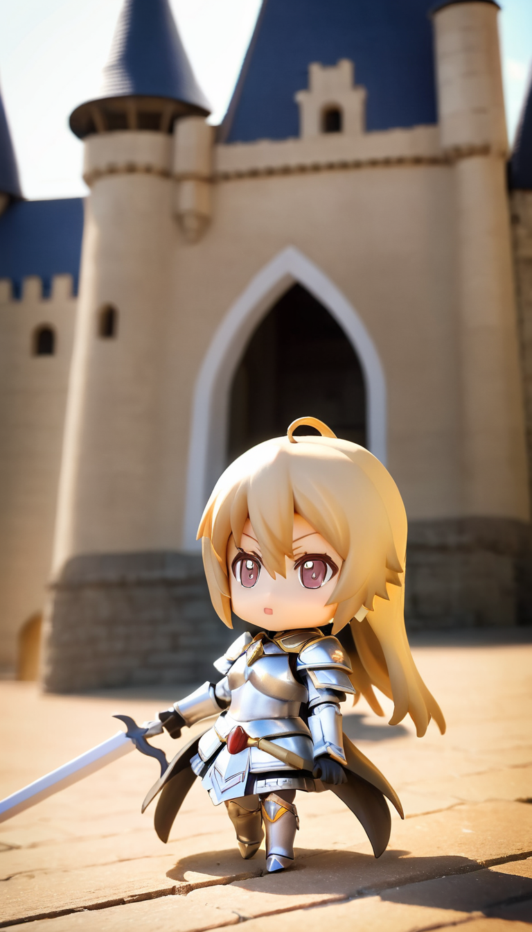 A female paladin in front of a castle, nendoroid <lora:nendoroid_xl_v8:1>
