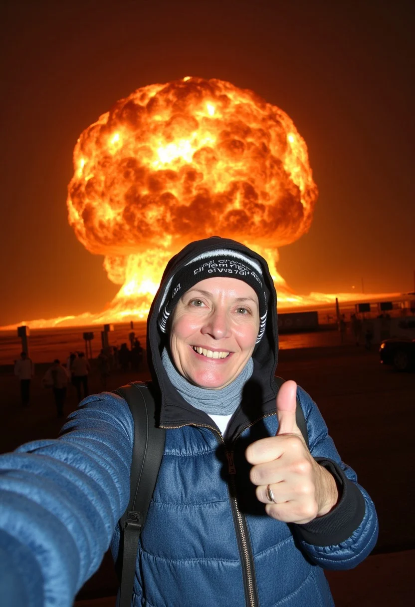 photo of nuclear bomb explosion in the background,sporty granny taking a selfie on showing thumbs up, fish-eye effect, explosive fire