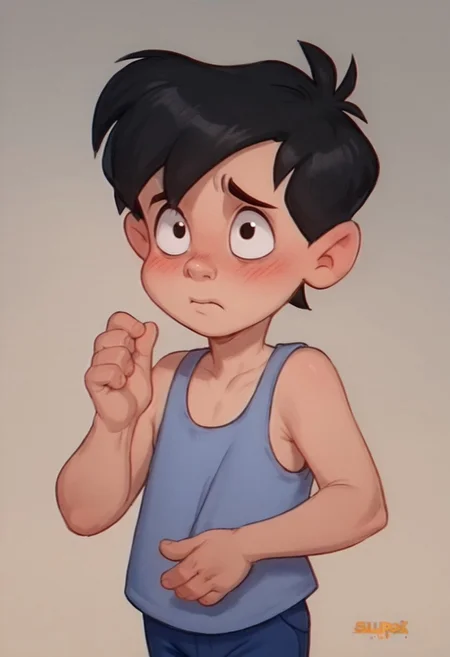score_9, score_8_up, score_7_up, score_6_up, 1boy, solo, male, Neddiehugson, 1boy, solo, black hair, short hair, black eyes, thin body, thin face, short stature, cute boy, blushing, shy, tank top, shorts, barefoot