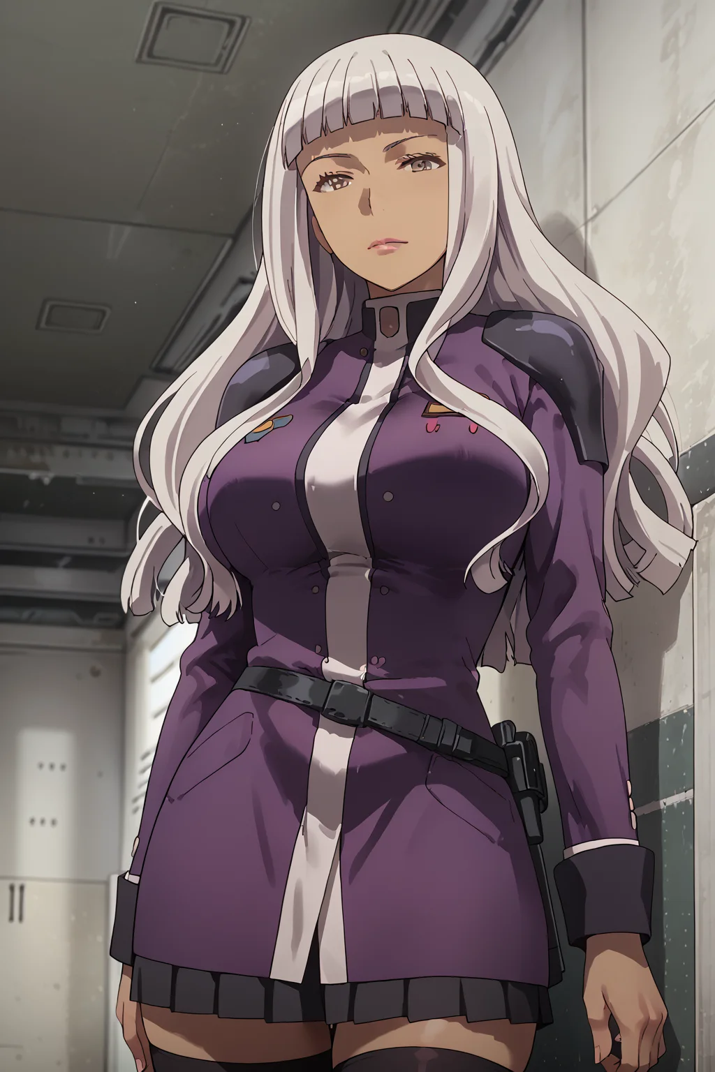 score_9, score_8_up, score_7_up, score_6_up, score_5_up, score_4_up, source_anime, BREAK, (extremely detailed CG, best quality:1.1), high quality, masterpiece, mature female, nfsw, uncensored, extremely detailed character, detailed eyes, perfect face, 1girl, long hair, brown eyes, grey hair, dark skin, blunt bangs, bangs, uniform, grey eyes, military, military uniform, belt, skirt, legs, thigh, thighhighs, grey hair, boots, uniform, high heels, shoulder pads, lendy farolito
<lora:lendy_farolito:1> <lora:cfg_scale_boost:0.5> <lora:incase-ilff-v3-4:0.6>