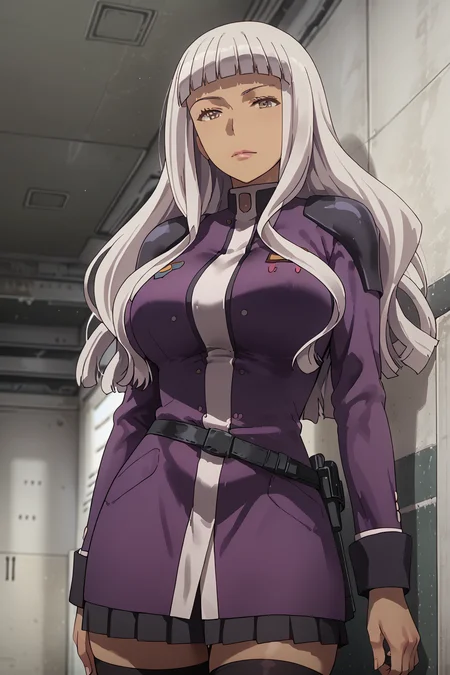 score_9, score_8_up, score_7_up, score_6_up, score_5_up, score_4_up, source_anime, BREAK, (extremely detailed CG, best quality:1.1), high quality, masterpiece, mature female, nfsw, uncensored, extremely detailed character, detailed eyes, perfect face, 1girl, long hair, brown eyes, grey hair, dark skin, blunt bangs, bangs, uniform, grey eyes, military, military uniform, belt, skirt, legs, thigh, thighhighs, grey hair, boots, uniform, high heels, shoulder pads, lendy farolito
<lora:lendy_farolito:1> <lora:cfg_scale_boost:0.5> <lora:incase-ilff-v3-4:0.6>