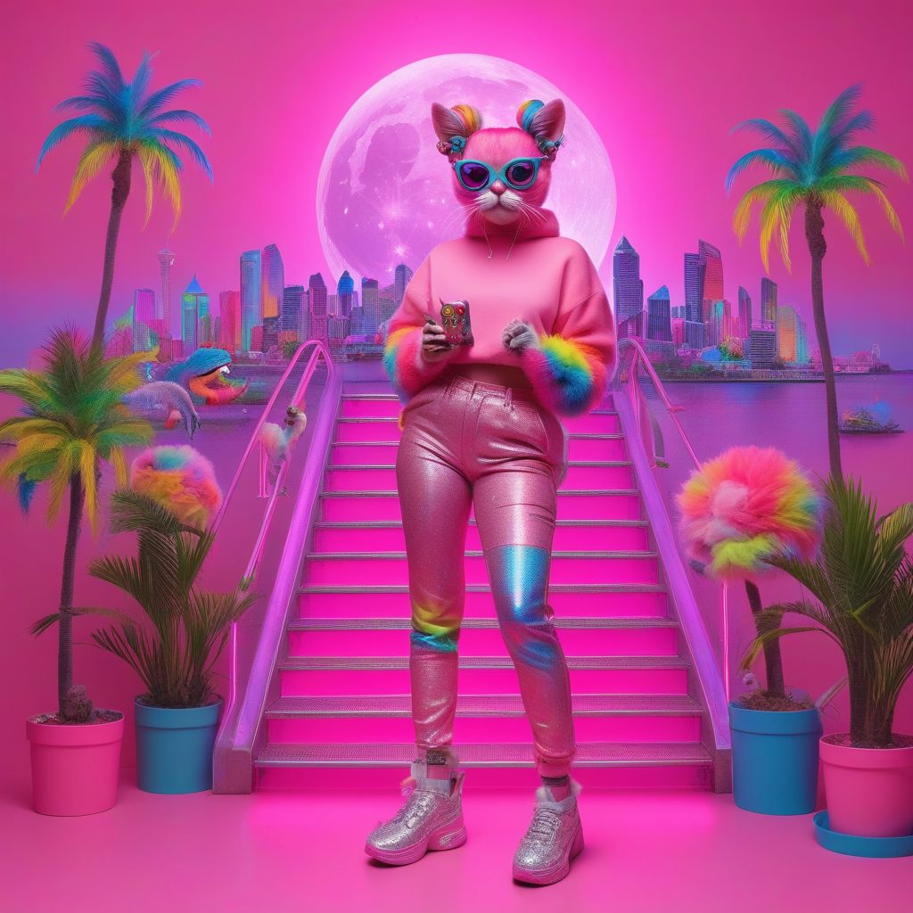 rainbow hair, monster, stairs, full body, bird, furry, candy, lollipop, hair bow, earrings, glowing, city, breasts, frog, sparkles, cloud, food, soft pastel clouds, palm tree, night, cat, saturated details, cityscape, double bun, piercing, pants, science fiction, moon, pink background, skyscraper, hairclip, neon colors