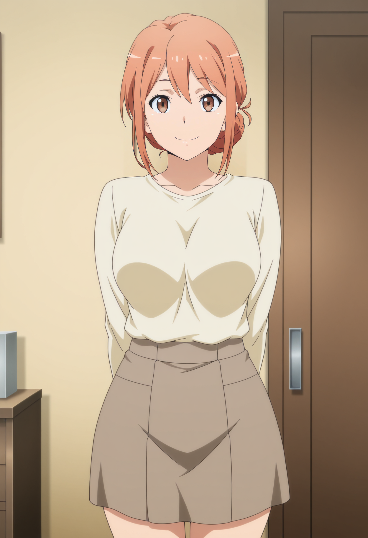 1girl,solo,mm,mature female,hair bun,orange hair,brown eyes,anime coloring, 
shirt,skirt,cowboy shot, looking at viewer, smile,indoors
,masterpiece,best quality,amazing quality,<lora:Mother_Yuigahama-Yahari_Ore_no_Seishun_Love_Comedy_wa_Machigatteiru:0.8>