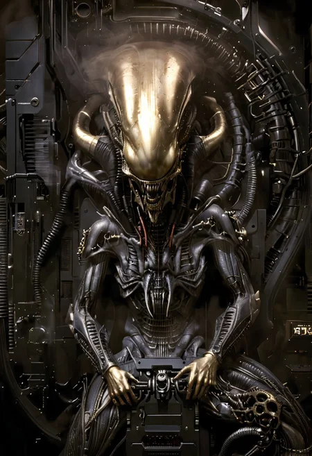 An insanely Detailed Divine Xenomorph, Golden and silver in color, cyberpunk, a crimson tinge to the golden color, Hyperdetailed, Omnipresent, Beautiful, Sinister overtones, otherworldly,by HR Giger