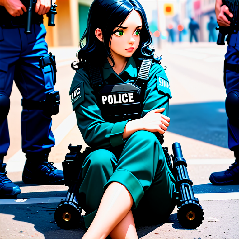 anime, best quality, (masterpiece:1.4), (high quality:1.4), sharp focus, 4k, absurd resolution, detailed hands, curly hair, long hair, (black hair:1.6), 1girl, mature female, (parted hair:1.7), (round face), (no_bangs:1.3), (no_fringe:1.6), <lora:ETO_OC_XL:0.7>, (thick eyebrows:0.9), (plump:0.8), round-chin, (greenish brown eyes), (brownish green eyes), caucasian, down-turned eyes, 1girl, (forehead:0.65), <lora:swat gear_xl:0.7> swat gear, weapon, (Sitting on the floor with legs crossed, looking to the side,), gun, uniform, police, rifle, street, officers, soldier, military, officer,