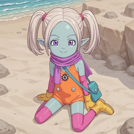 source_anime,score_9,score_8_up,score_7_up,daimapanzy,toddler,orange swimsuit,solo,1girl,smile,flat chest,colored skin,blue skin,zettai ryouiki,pointy ears,purple eyes,scarf,purple scarf,pink thighhighs,long hair,twintails,bare shoulders,yellow gloves,pink elbow gloves,yellow footwear,ankle boots,looking at viewer,full body,white hair,satchel,beach,sitting,kneeling,<lora:Light-Detail_enhance:2>,<lora:Panzy_Dragonball_Daima:0.6>