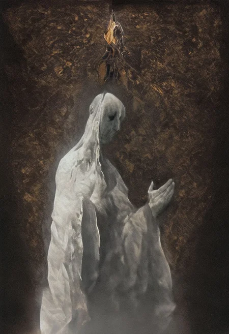 painting of a man praying to an older man, lovers, sin. lust. pain, heart being ripped out, surreal dark smeared background, black and gold mutations tears in fabric , separation of colors, in the style of nicola samori , glow effects, godrays, Hand drawn, render, 8k, octane render, cinema 4d, blender, dark, atmospheric 4k ultra detailed, cinematic sensual, Sharp focus, humorous illustration, big depth of field, Masterpiece, colors, 3d octane render, 4k, concept art, trending on artstation, hyperrealistic, Vivid colors, extremely detailed CG unity 8k wallpaper, trending on ArtStation, trending on CGSociety, Intricate, High Detail, dramatic, absurdes, a realistic baroque bedroom, white canopy over bed, white drapes, damask patterns, intricate details, in the style of Vittorio Matteo Corcos