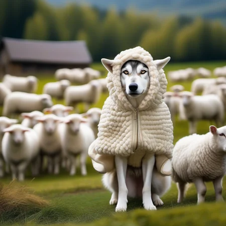 wolf wearing sheep costume, many sheep in the background, outdoors, farm, masterpiece, best quality, funny
