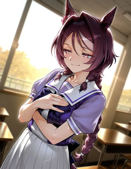 masterpiece, best quality, amazing quality, very aesthetic, high resolution, ultra-detailed, absurdres, newest, scenery,
1girl, solo, umamusume, sakura chitose o \(umamusume\), braided ponytail,
tracen school uniform, short sleeves,
indoors, classroom,
cowboy shot, smug, <lora:sakurachitoseoillv1:1>,, glowing, colorful, photorealistic, shiny_skin,dutch angle, <lora:arcain-2411:0.4>,, HDR,photo background,detailed eyes,detailed hands,detailed clothing,detailed shading,dim lighting,chiaroscuro,BREAK depth of field,masterpiece,best quality,amazing quality,very aesthetic,high resolution,ultra-detailed,absurdres,newest,scenery,volumetric lighting,
