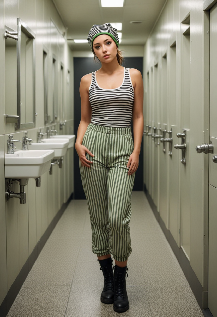 ((fashion photography)), perfect face, perfect eyes, (medium full shot) of  (angelic prison inmate) young woman, arabian, green eyes, tan skin, curvy, tan skin, light green eyes, full-figured, extra long hazel updo hair, wearing black and white striped tank top with prisoner number, black and white striped pants, black beanie hat, black boots, holding a shiv, set in  public Toilet, Simple, utilitarian design with linoleum flooring, stainless steel partitions between stalls, basic white porcelain toilets, wall-mounted soap dispensers, paper towel holders  , surprised, open mouth, pointing her finger at the viewer, masterpiece, best quality, photorealistic, very aesthetic