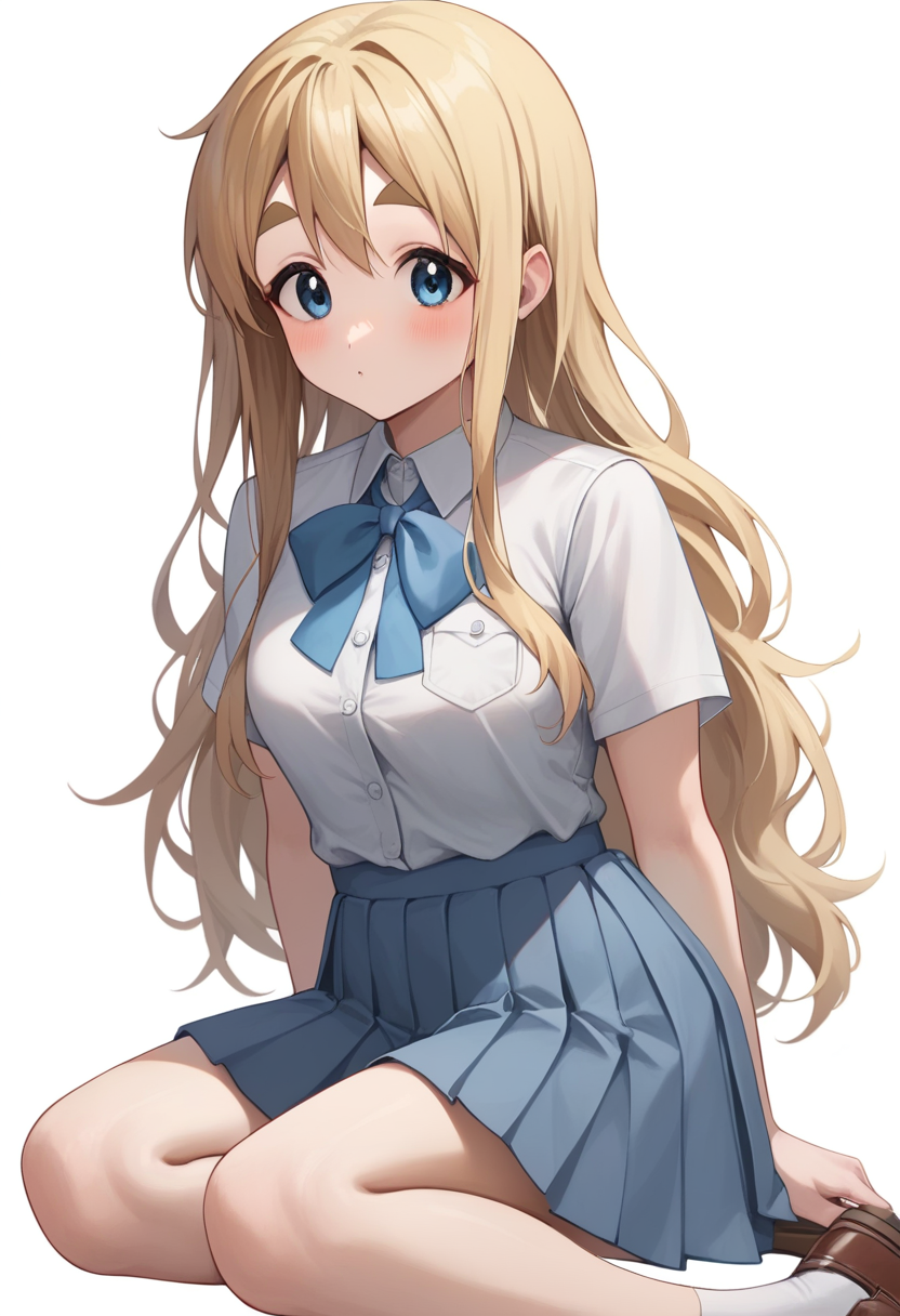 score_9,score_8_up,score_7_up,<lora:kotobuki_tsumugi_pony:1>,sakuragaoka_high_school_uniform,highres,kotobuki_tsumugi,thick_eyebrows,1girl,cropped_legs,pleated_skirt,buttons,short_sleeves,shirt_tucked_in,absurdres,blue_ribbon,grey_skirt,white_background,solo,summer_uniform,