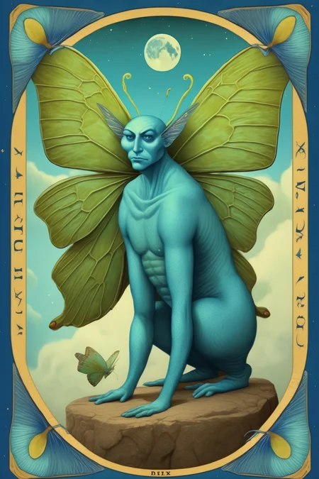 <lora:Dixit Card Generator:1>Dixit Card Generator - tarot card of a giant named gilgamesh with a large blue luna moth landing on his face