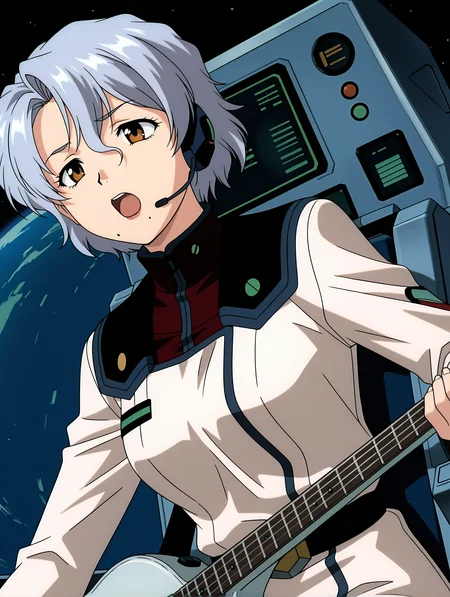 masterpiece,best quality,newest,
1girl,solo,anime screencap,
<lora:Sally_Saint_Ford_ilxl_v1.1:1>,s_s_f,grey hair,brown eyes,mole under mouth,s_clothes,
s_hs,single ear headset,<lora:Fixhands_anime_bdsqlsz_V1:1>,looking ahead,face_focus,front view,dutch angle,upper_body,simple_background,panorama,wide_shot,<lora:gundamallviewmoniter:1>,gundamallviewmoniter,cockpit,sitting,grip console,space,galaxy,looking_down,singing,open mouth,holding guitar,flustered,