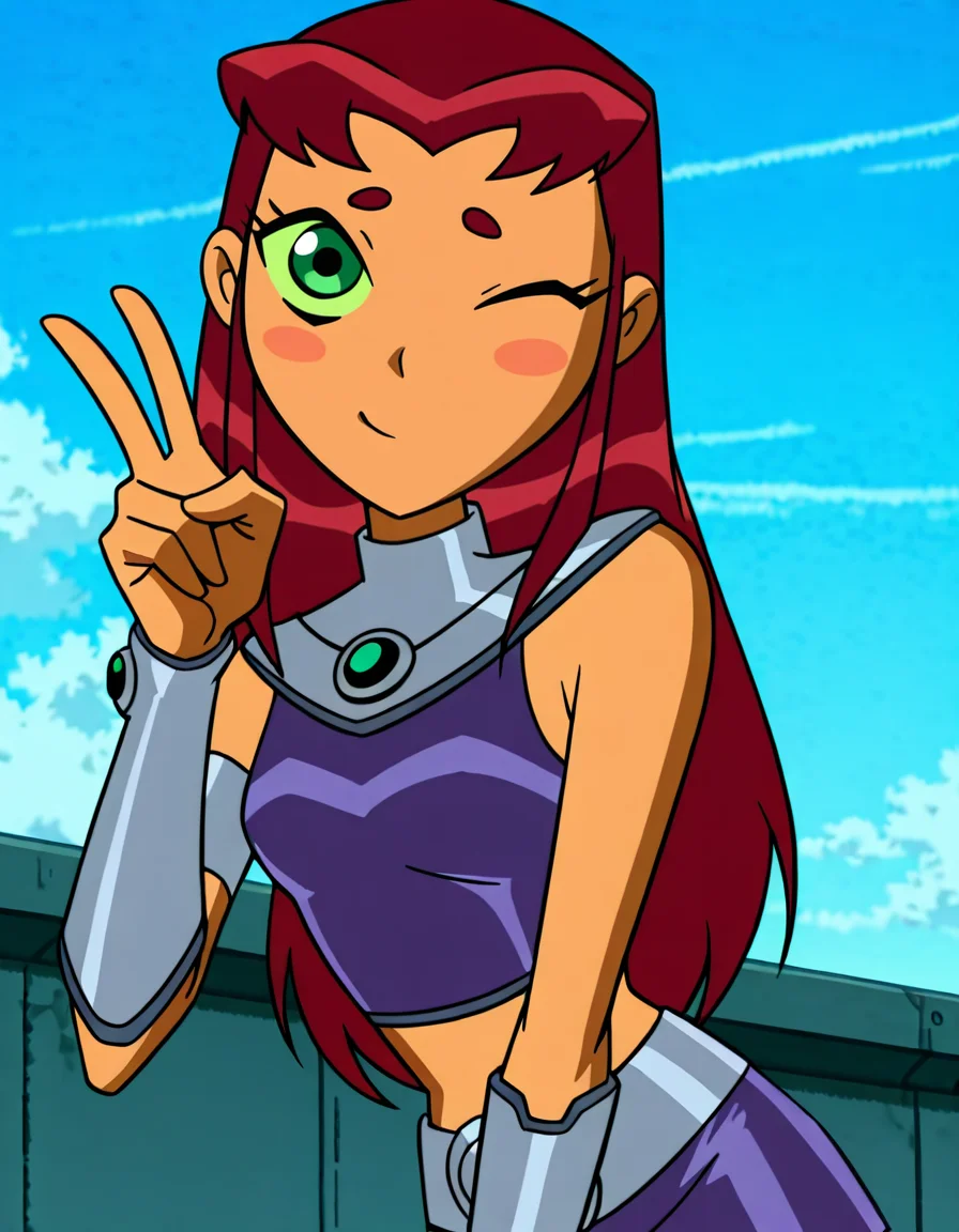 <lora:StarfireIllustrious2.0JLFO:1>, StarfireTT, solo, smile, orange skin, red hair, long hair,green eyes, green sclera,purple skirt 1girl, smile, blush stickers,, armlet,upper body, portrait, looking at viewer,blue sky, cowboy shot, puckered lips, v, one eye closed,